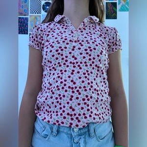 pink cherry print aesthetic collared polo shirt ruffled sleeves